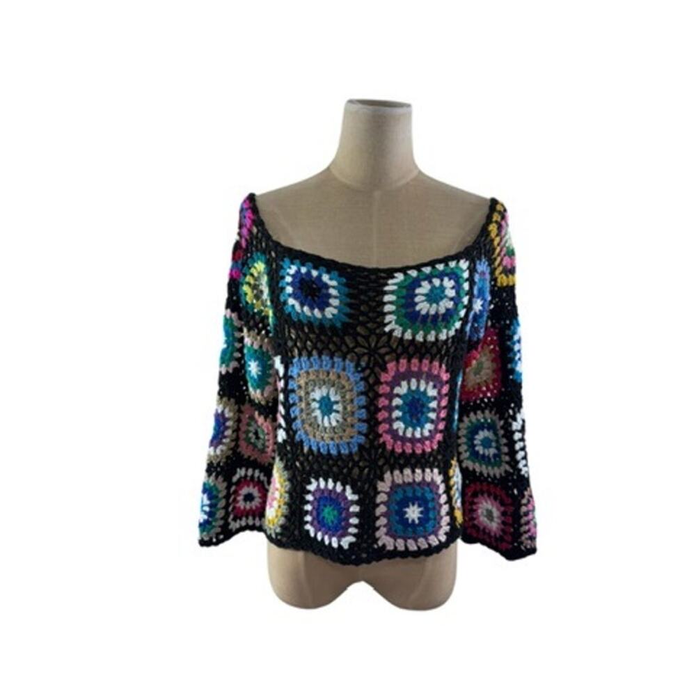 "EN CREME" Granny Square Crochet‎ Cropped Sweater,Size OS, Boho, Artsy, Grandma